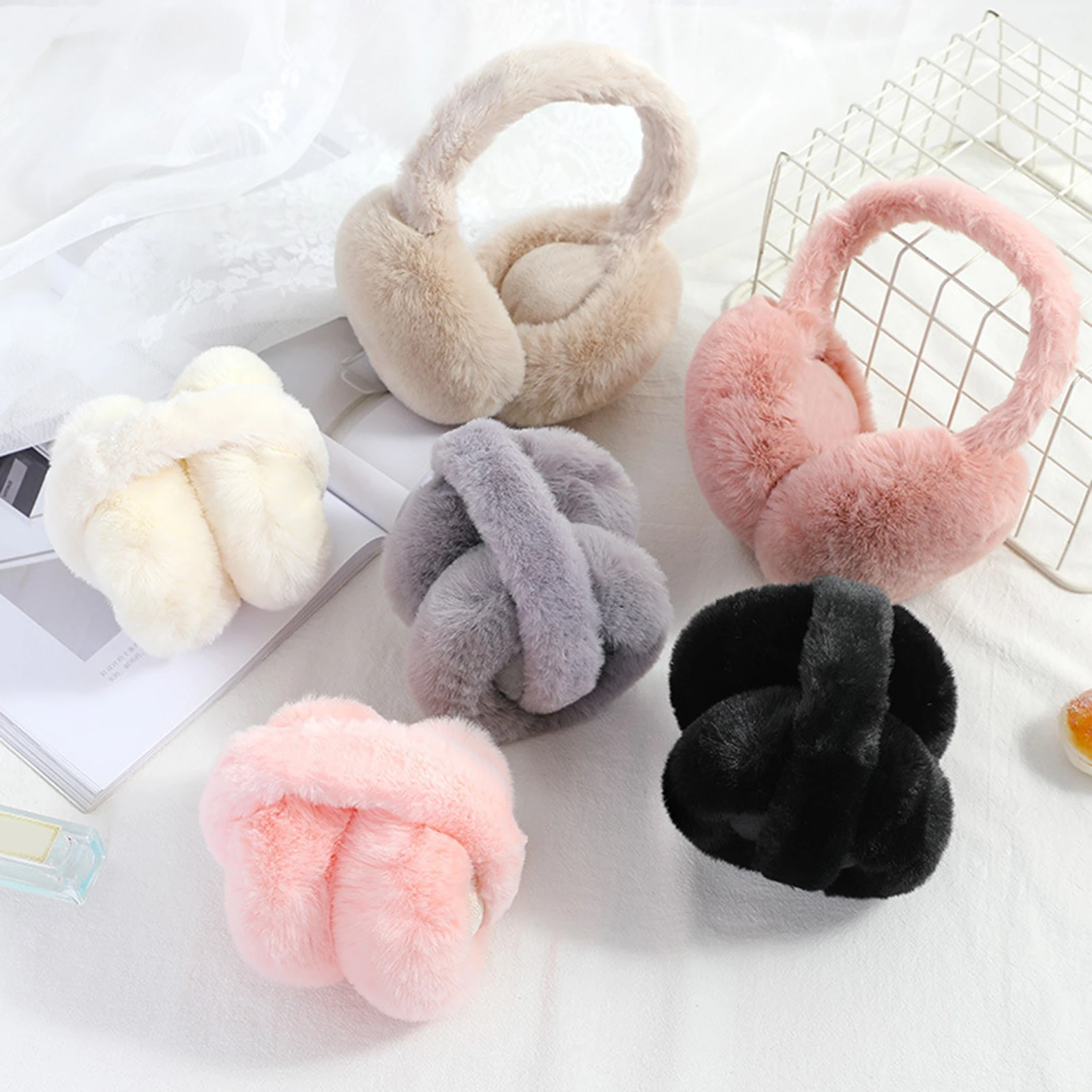 Unisex Plaid Folding Ear Cover Autumn Winter Warm Earmuffs Plush Knitted Earmuff Ear Warmer orejeras de invierno