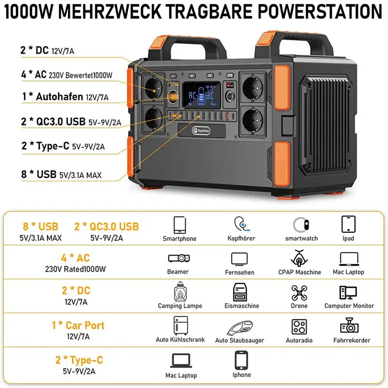 Big Capacity 1000 Watts EU UK Plug Outdoor Solar Panel Charger Power Bank Portable Power Station