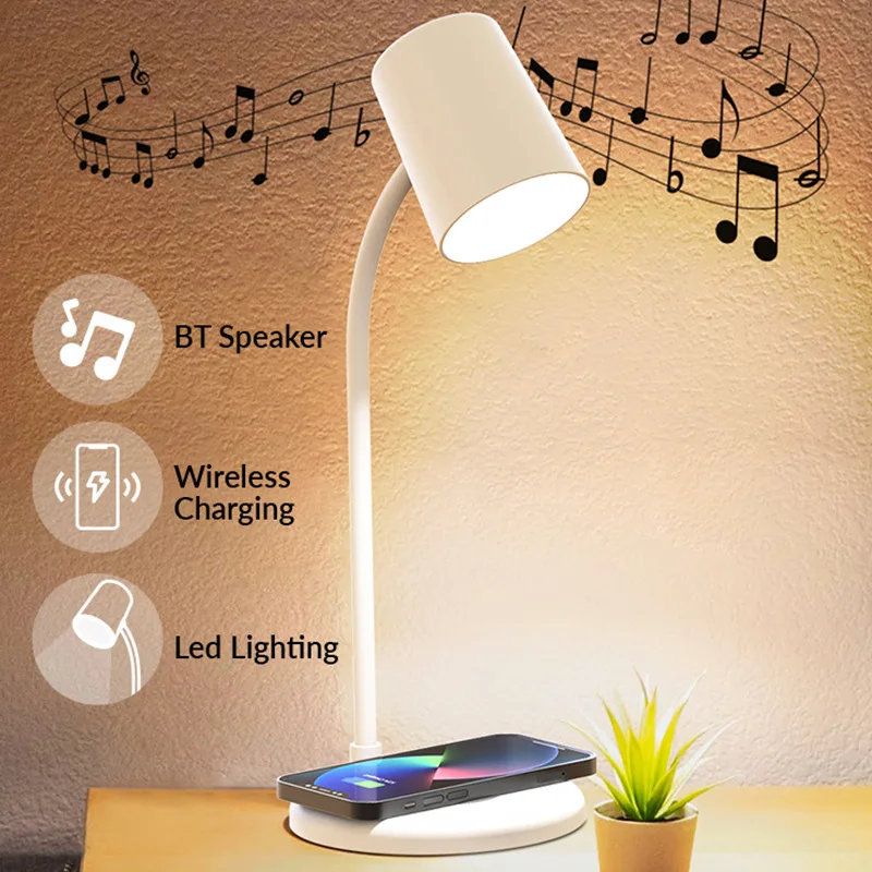 3 In 1 Table Night Light Bluetooth Speaker Colorful Bedside LED Desk Lamp with Wireless Charger Mobile Phone Charger Stand