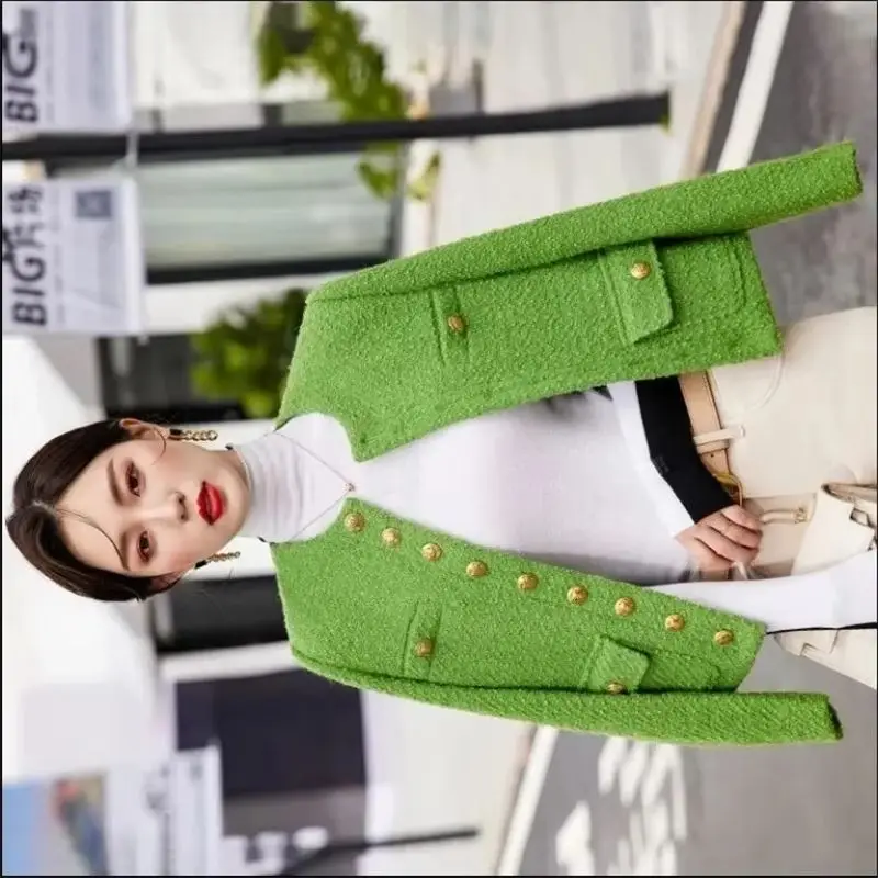 

2026 весенне-осенняя женская модная короткая куртка с небольшим ароматом, универсальная зеленая куртка с высокой талией, высококачественная верхняя одежда