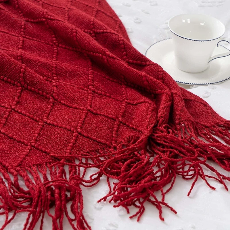 Christmas Red Gift Blankets Knitted Luxury Sofa Throw Blanket Nordic Style Solid Plaid Tassel Bedspread Cover for Farmhouse
