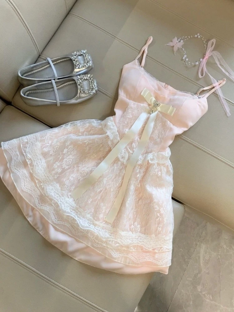 Vestidos de verano de estilo dulce francés para mujer Y2k, vestido de princesa con diseño de lazo de retales de encaje, trajes elegantes de Hada coreana de cintura delgada 2025