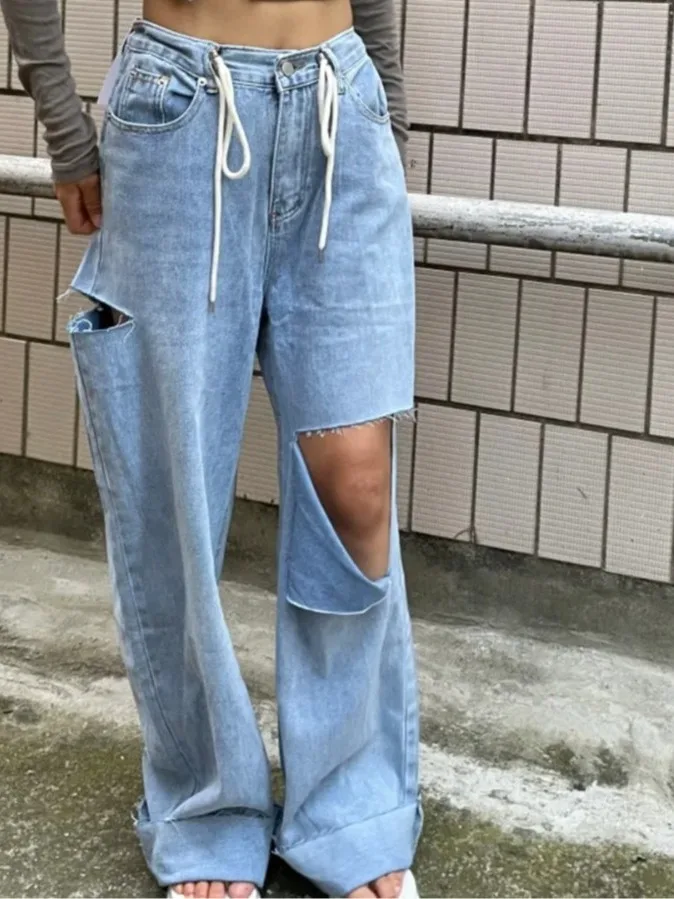 Retro Versatile Personality Distressed Design Wide Leg Jeans Long Pants Casual Korean Style Natural Waist Wide Leg Pants