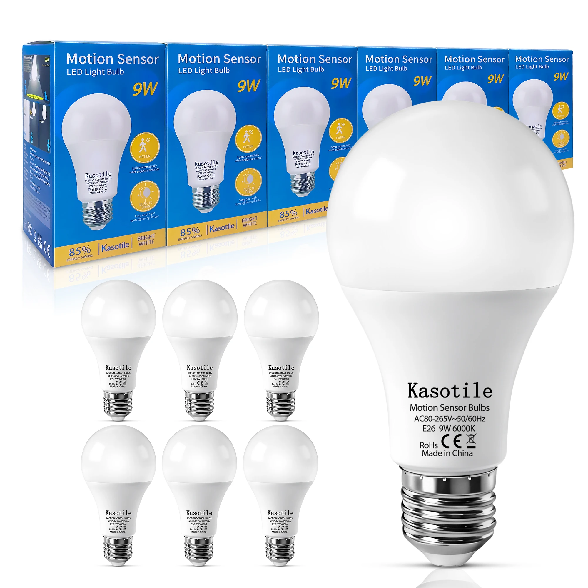 

Светодиодные лампы Kasotile 9W/12W с датчиком движения (радар), от заката до рассвета, автоматическое включение/выключение для использования внутри и снаружи помещений, для подвалов, веранд, 6 шт.