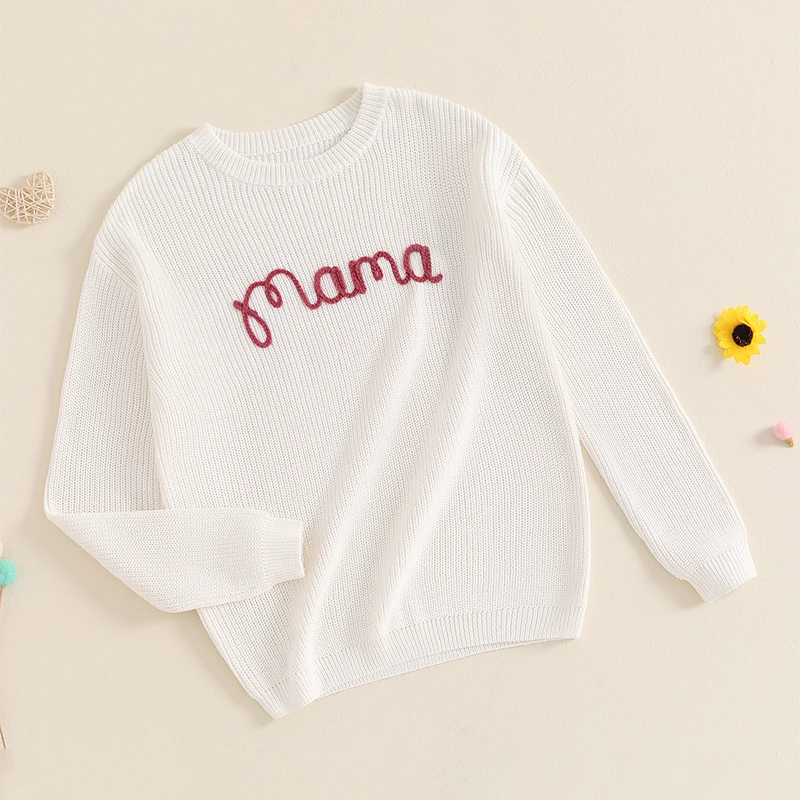 Suefunskry Family Matching Sweaters 1PC Mommy and Me Letter Embroidery Knitwear Long Sleeve Round Neck Warm Pullover Tops