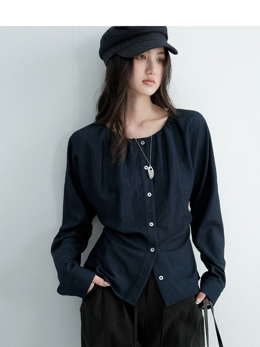 

CHACHASTU винтажный джинсовый синий длинный све irt женский ранний осенний круглый топ с подкладкой на плечах и подтяжкой на талии для похудения