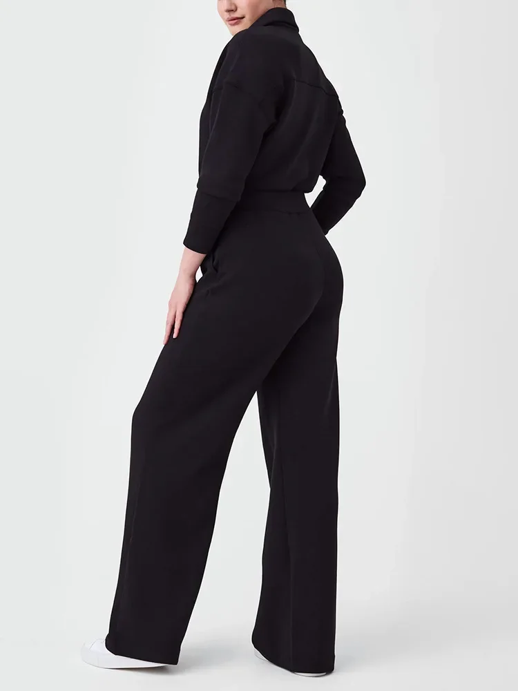 Women Tracksuit Hoodies Turn Down Collar Two Pieces Set Wide Leg Pants Pockets High Street Winter Y2k Zipper Elastic Waist
