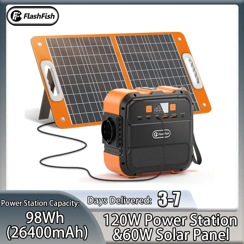 Generador Solar Portátil FF FlashFish A101 de 120W 98Wh Multiusos con Kit de Panel Solar Plegable TSP18V60W