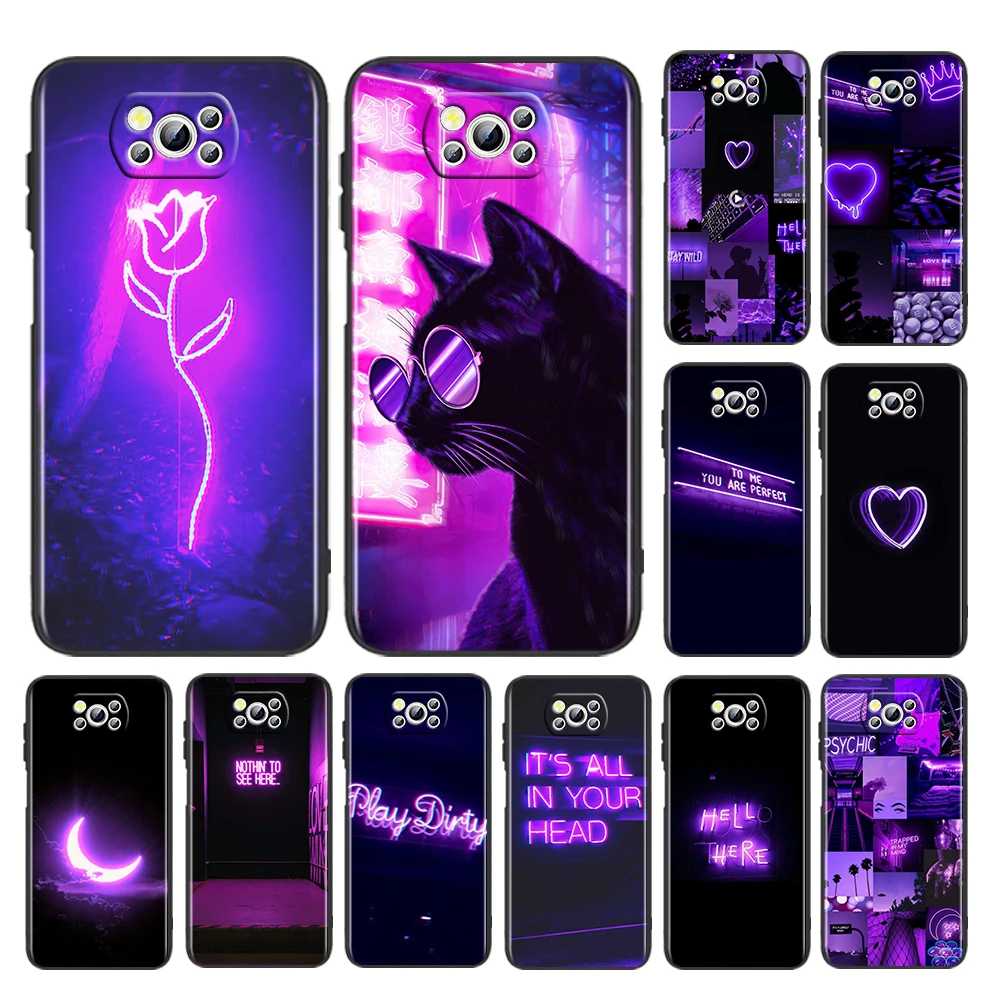 

Purple Colour Neon Light For Xiaomi Poco M4 X4 X3 Pro F3 GT NFC M3 C3 M2 F2 X2 4G 5G Silicone TPU Black Phone Case Cover Coque