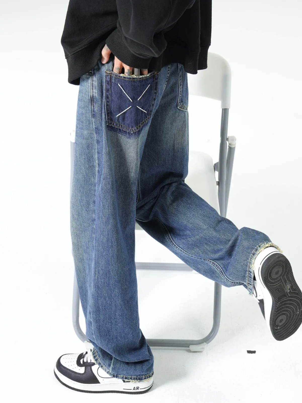 

Waed Vintage Blue Jeans Men's Spring Autumn Loose Wide Leg Straight Cut Trousers Casual Wear Resistant Micro Stretch