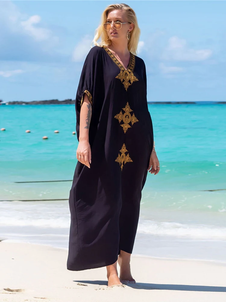 女性の刺繍オーバーサイズビーチカバーアップドレス 2025 夏ルーズスタイルシースルー休暇ビキニ水着ボヘミアンドレス