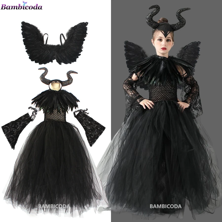 

2022 Halloween Costume Dress Deluxe Girls Fancy Christening Black Glam Gown Dress Kids Demon Queen Witch Clothes