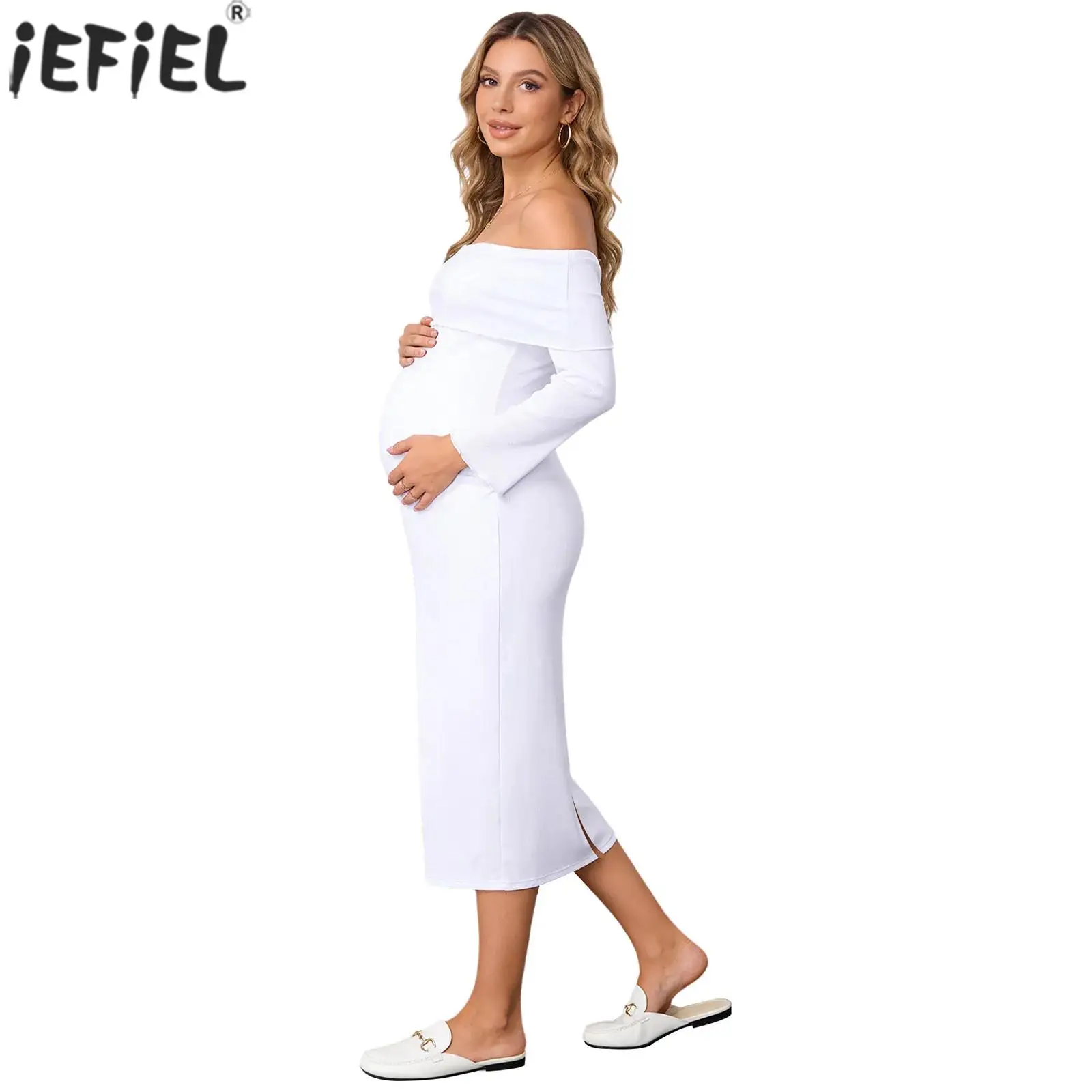 Womens Maternity Off Shoulder Bodycon Maxi Dress Long Flared Sleeves Ruched Party Formal Wedding Guest Dresses Pregnant Gown