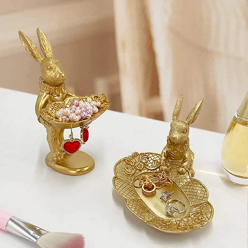 Vintage Golden Rabbit Resin Ornaments Home Jewelry Storage Tray Decoration Photography Props Background Minecraft Figuras