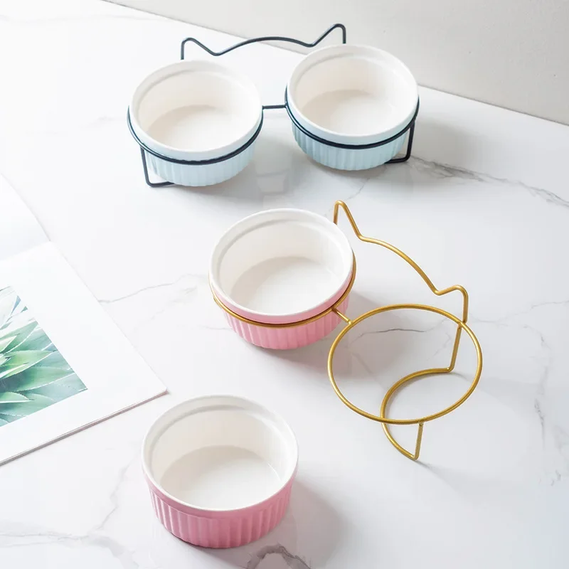 Cat Bowl Ceramic Double Water Bowl Protects Cervical Vertebrae. Cat Food Drinking Bowl Pet Diagonal Food Basin