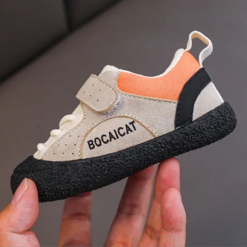 Pink Kids cowhide walking shoes autumn new item outdoor boys girls canvas shoes soft sole Anti slip casual baby functional shoes