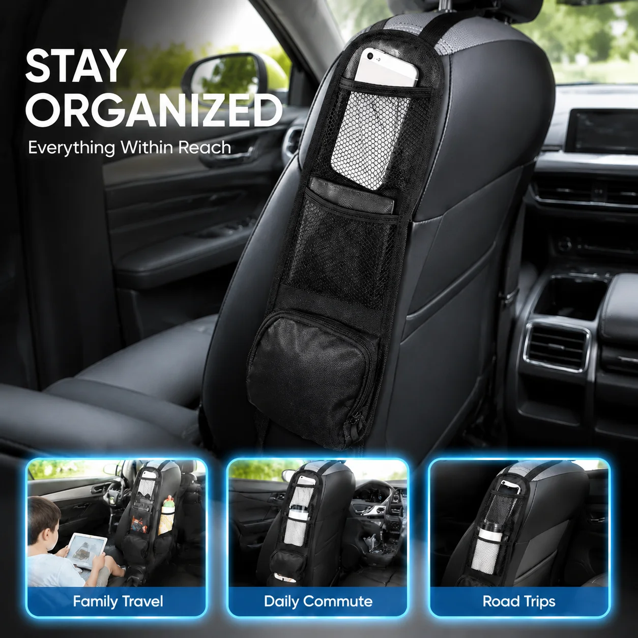 

Car Seat Back Hanging Storage Bag, Oxford Cloth Waterproof Thermal Resistant, Double Layer Transparent Pocket with Zipper