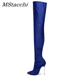 MStacchi Women Sexy Over The Knee Boots Woman Pointed Toe Thin Heels Elastic Fabric Botas Mujer Autumn Winter Party Long Boots