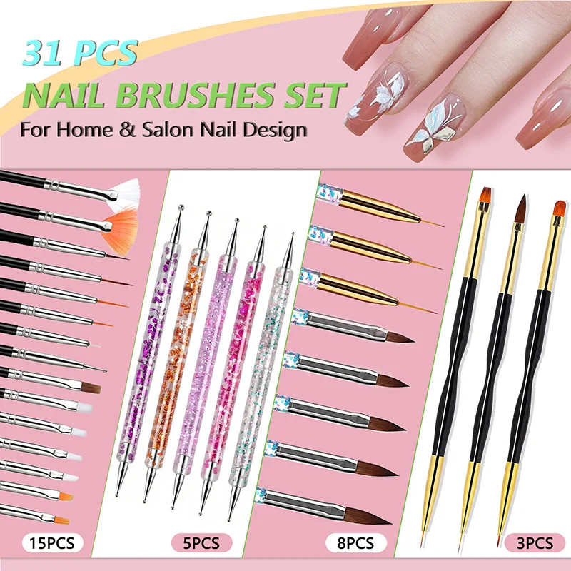 5/31PCS Nail Art Tool Set Nail Gel Polish Paint Dotting Liner Brush Dual Ended  Nail Liner Brushes Nail Dust Brush Manicure Tool