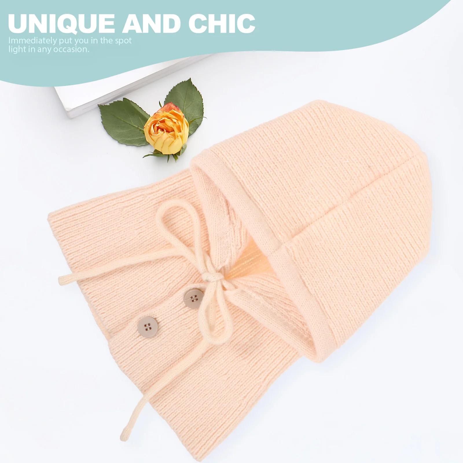 

Winters Knitting Hat Beige Polyester Knitted Warm Women Hats Outdoor One Body Scarf Ears Protection Stylish Simple Design