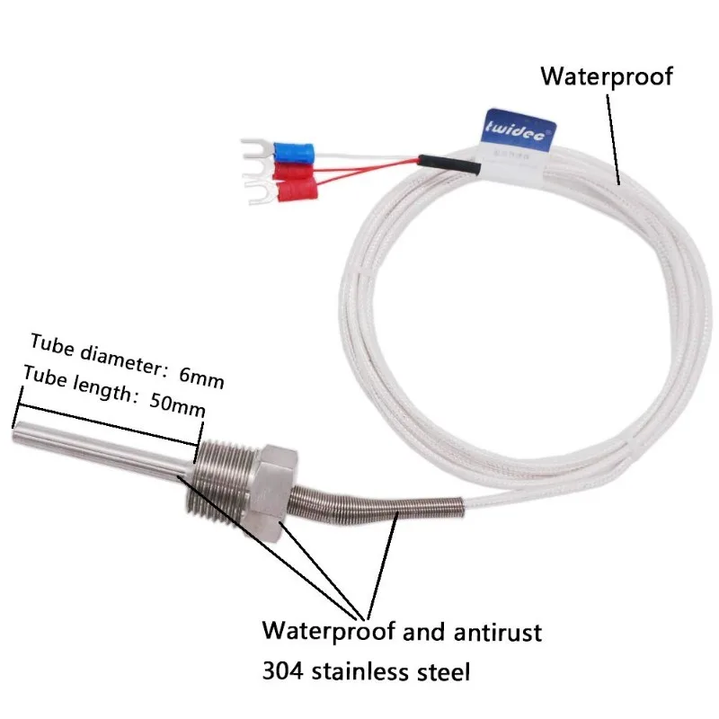 PT100 Temperature Sensor Probe 3 Wire Temperature Controller -200~250℃ Waterproof and Antirust 304 Stainless  Steel Thermocouple