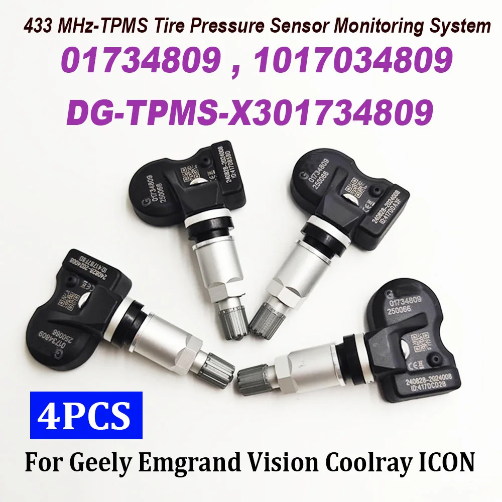 4PCS 433MHz TPMS 01734809 Tire Pressure Sensor 1017034809 DG-TPMS-X301734809 For Yuanjing X3 Geely Emgrand Vision X3 Coolray