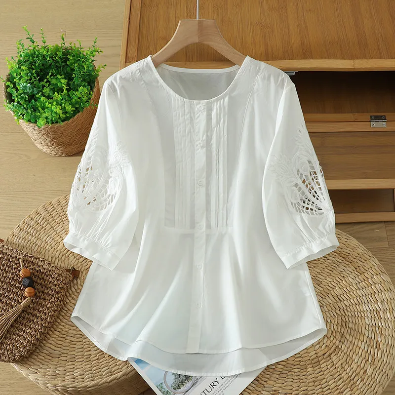 Harajuku Hotsweet Pink Cotton Cutwork Embroidery Blouse O-neck Pleated Button Front 3/4 Puff Sleeve Loose Summer Casual Shirts