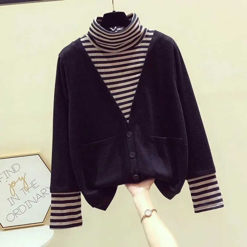 Korean Casual Striped Spliced Turtleneck Tops Female Fake Two Pieces Long Sleeve Pullovers T-shirt Fashion Women's Clothing 2023