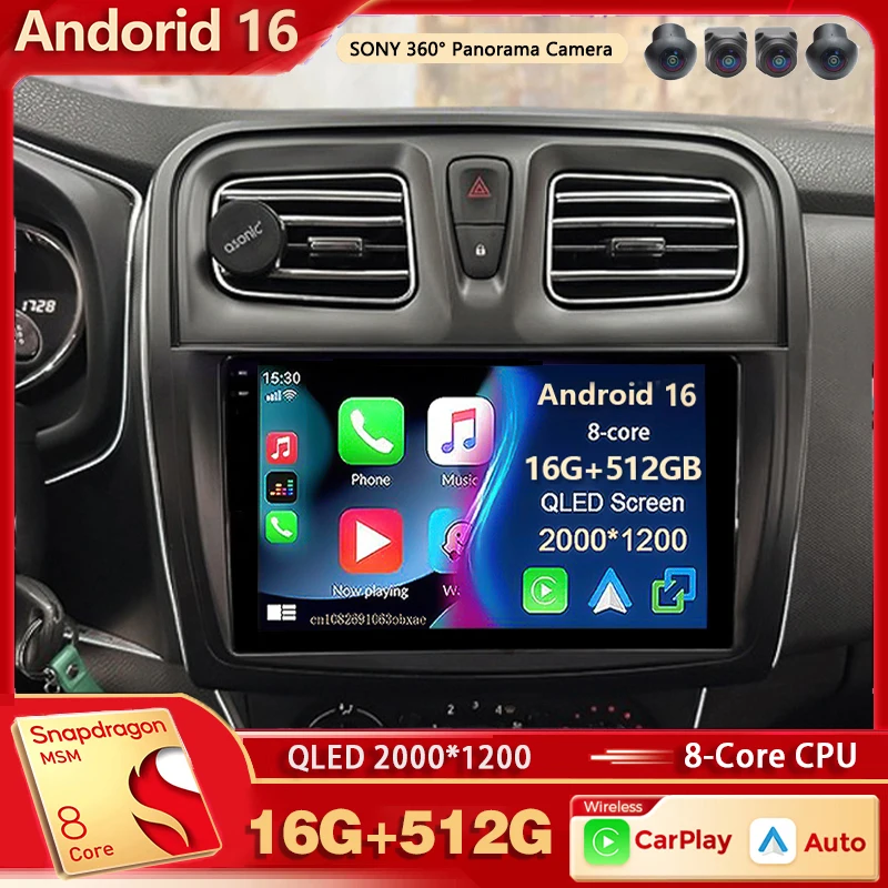 Android 16 Qualcomm para Renault Logan 2 2012-2022 Sandero 2 2013-2022 Rádio de Carro Estéreo 2K QLED Multimídia com CarPlay