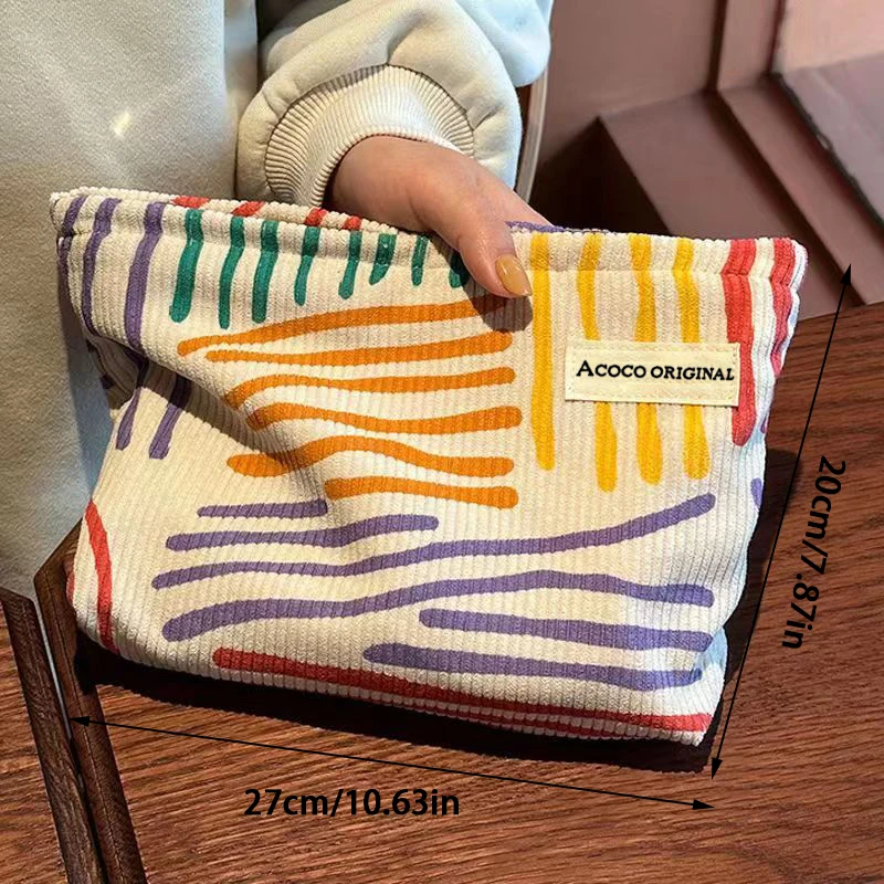 Colorful Stripes Corduroy Cosmetic Bag Portable Travel Toiletry Bag Skincare Sundries Aesthetic Makeup Storage Bag image 6