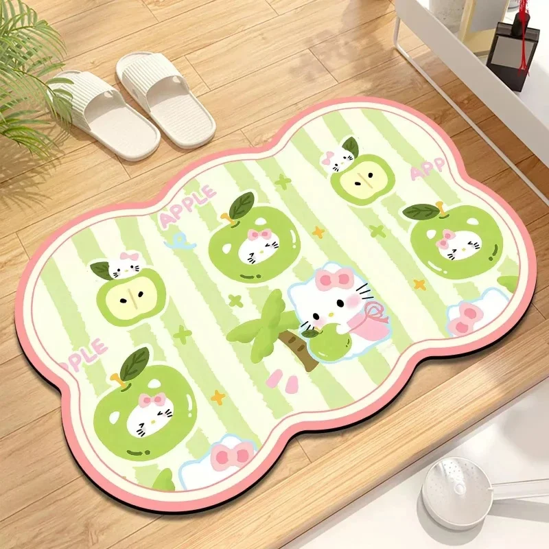 Fresh Green Apple Pattern Hello Kitty Cloud‑Irregular Diatomite Bath Mat Cute Fruit Cartoon Floor Mat