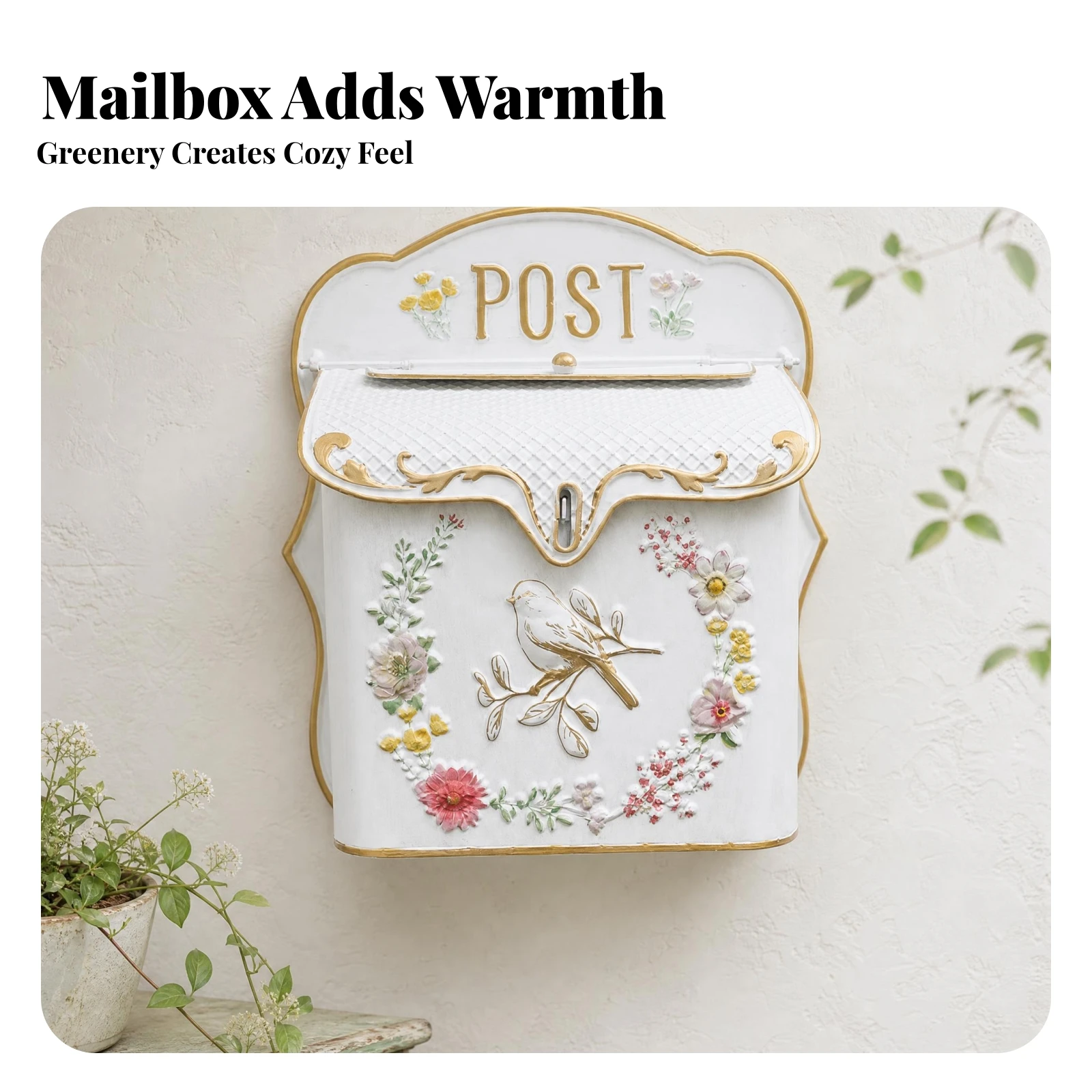 Vintage Post Box Metal Wall-Mounted Post Box Hinged Lid Embossed Floral Bird Mailbox for Indoor Display