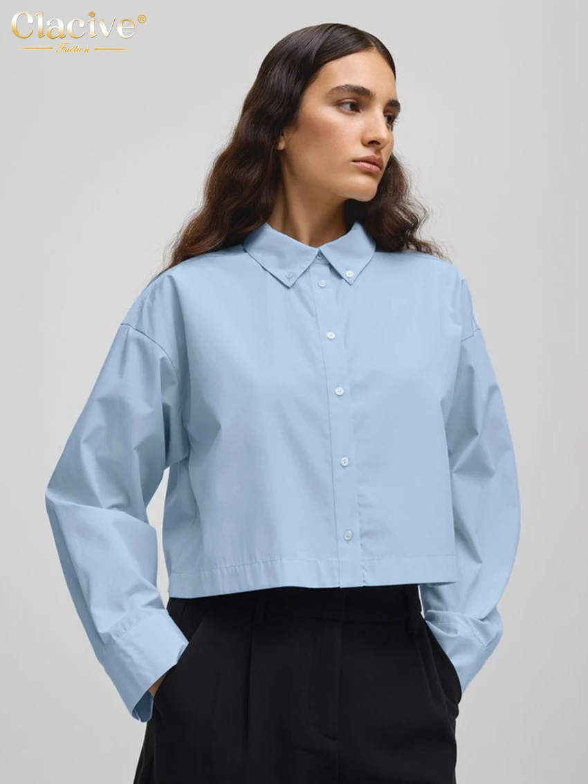 Clacive موضة فضفاضة القطن الأبيض قميص نسائي 2025 أنيقة التلبيب كم طويل بلوزة عادية بسيطة قمة صلب الملابس النسائية