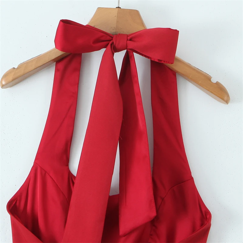 KEYANKETIAN 여름 새 여성 홀터넥 붕대 민소매 미니 드레스 우아한 섹시한 솔기 디테일 백리스 푹신한 드레스 솔리드 컬러