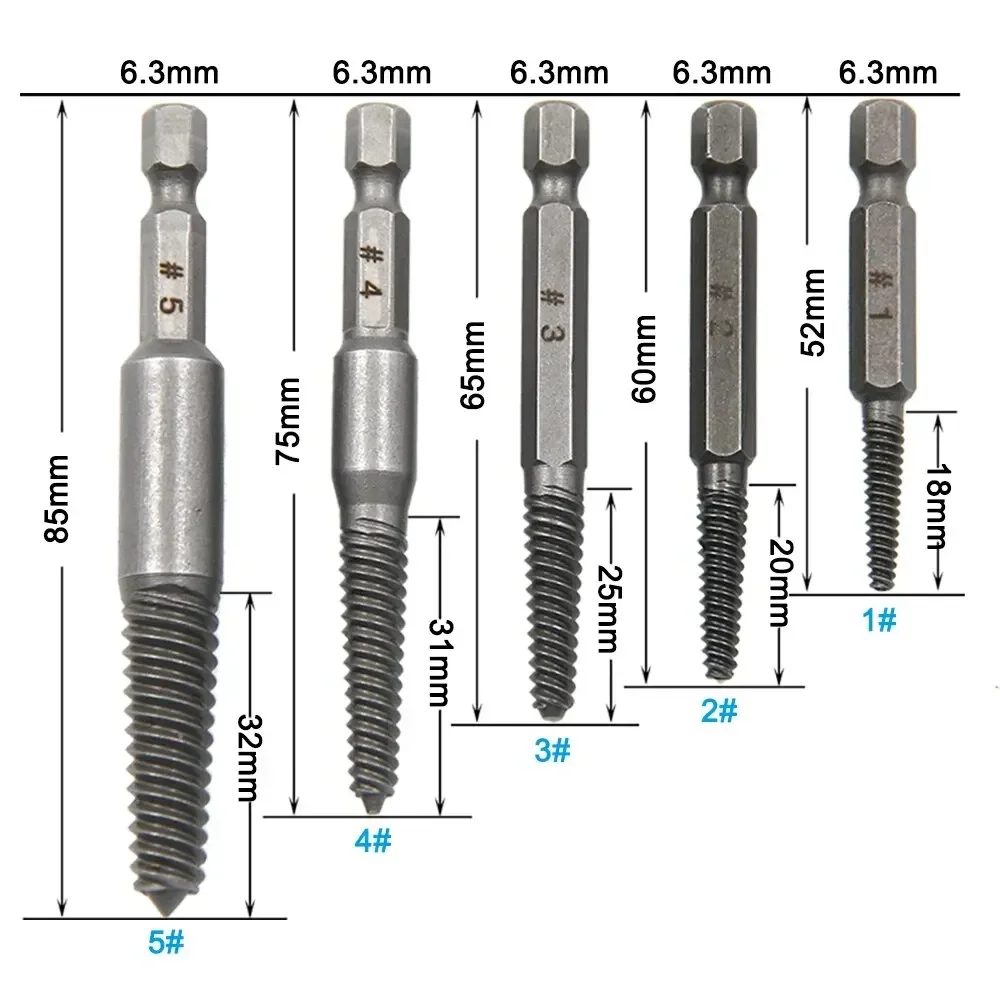 5pcs Hexagonal Handle Broken Head Screw Extractor 60mm Black Quick Release Electric Hexagonal Broken Thread Removal Tool