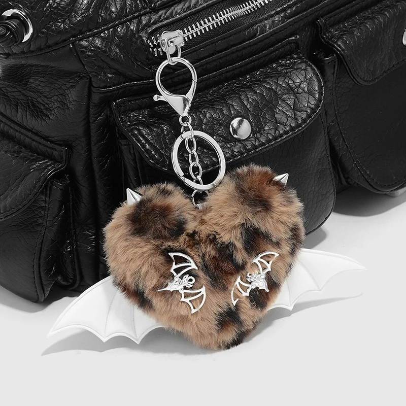 Leopard Pattern Fluffy Plush Bag Pendant Punk Cross Keychain Fashion Y2k Heart Shape Charm Cool Gothic Car Accessories