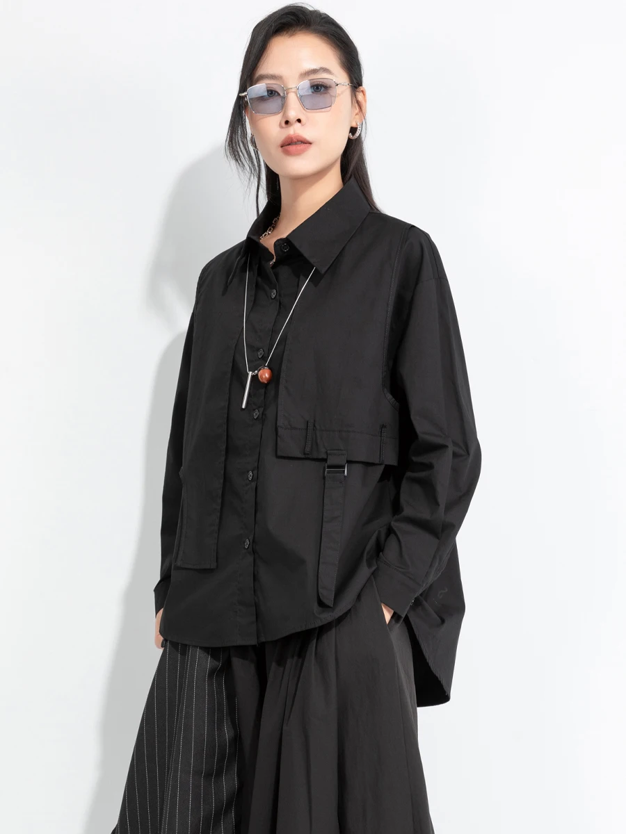

Original Design Spring New Black Women's Shirt Dark Style Front Short Back Long Vacation Two-Piece Long Sleeve Blouse