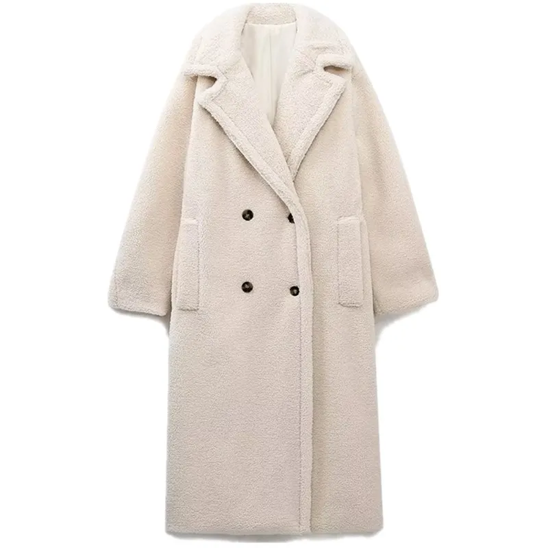 Thickened Double Row Button Winter Coat Long Women's Windbreaker Jacket Mid-Length Outerwear Commute Style Pure Color Coat