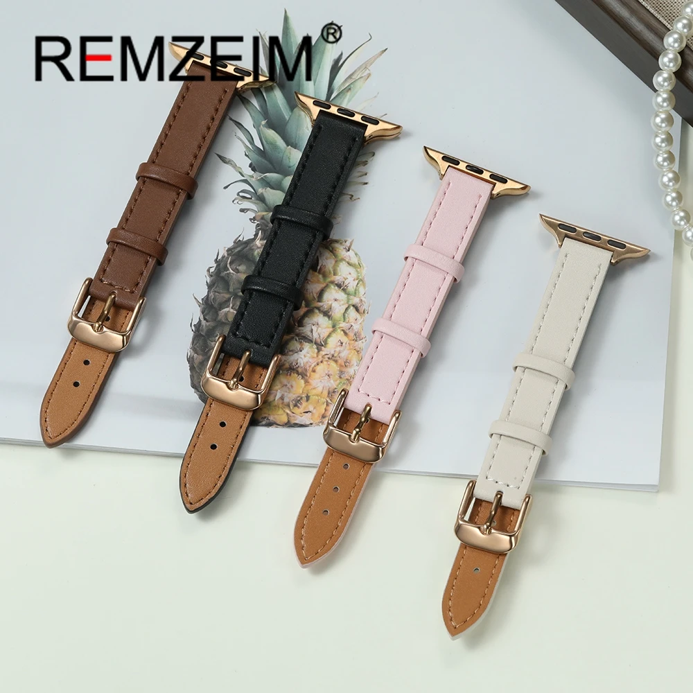 Leather Strap For Apple Watch 1-10 Ultra SE 2 Women Bracelet With Rose Golden Buckle Watchband For Iwatch 38-49mm