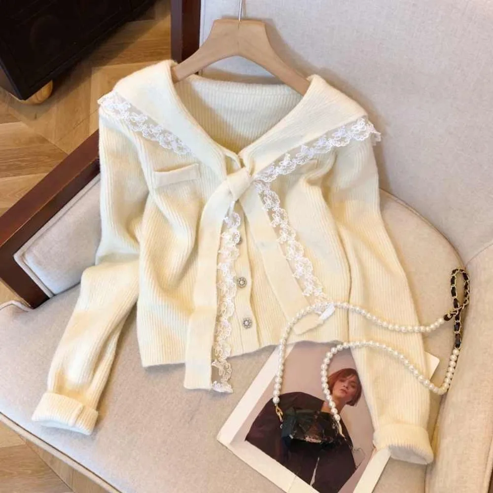 Neploe Simple Lace Up Slim Korea Commuter Cardigan Lovely Sailor Collar Bow Knit Jumper All-match Warm Lazy French Style Sweater