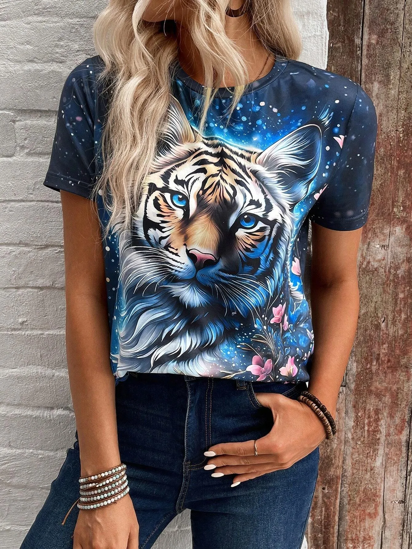 Summer European And American Style Tiger Animal 3d Printing Wom Tshirts Fashion Retro Oversiz Female Short Sleeve Tops Clothing