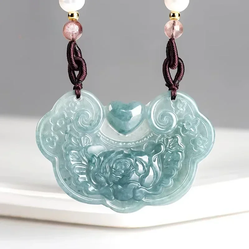 

High-grade Myanmar Jadeite Blue Water Flowers Rich and Auspicious Jade Pendant Luxury Fashion Men's and Women's Necklace Jewelry
