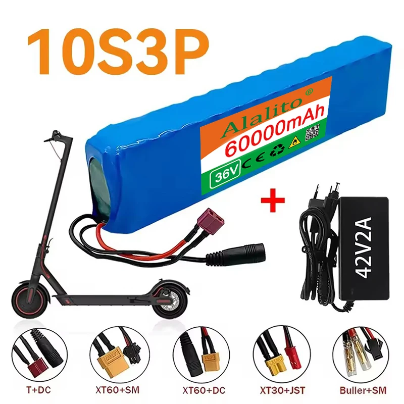 36V 60Ah lithium-ion battery pack 10S3P 60000mAh, built-in 15A BMS, 250W-500W battery+42V 2a charger