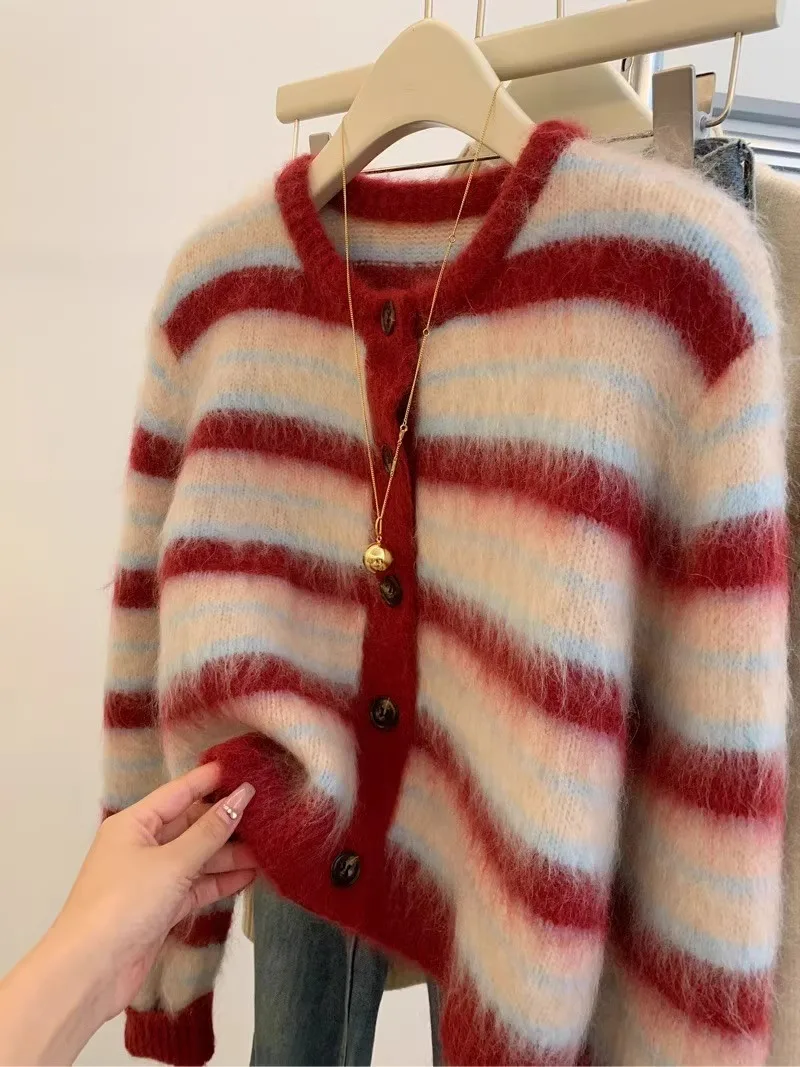 Sweet Red Striped Mohair Knitting Cardigan For Women Autumn Winter New Fashion Round Collar Single Breasted Sweater Coats