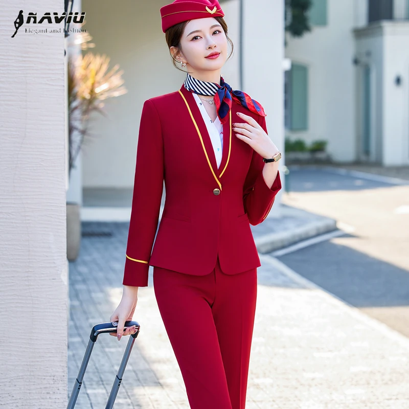 

NAVIU Elegant Women Suit Set Spring Autumn Work Uniform Professional Interview Formal Wear Long Sleeve Slim Blazer And Pants
