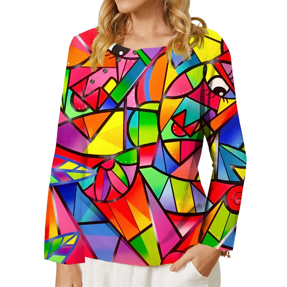 T-shirt damski CLOOCL Riot of Color Topy z długim rękawem Marokańska sztuka Nieregularna geometria Nadruk Romantyczny styl Luźna bluzka