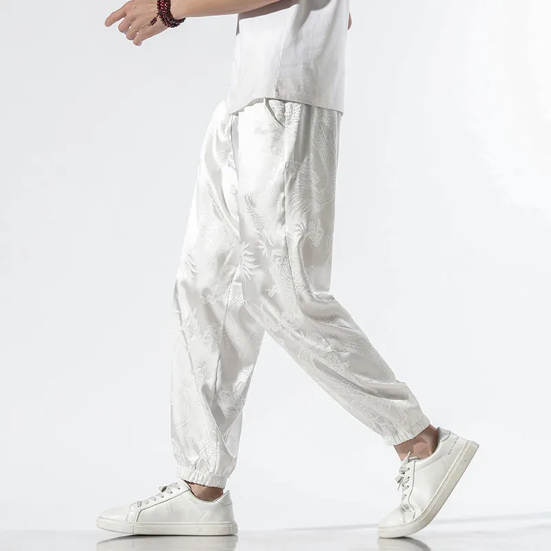 Chinese Style Men's Casual Pants Summer Lightweight Dragon Pattern Printed Oversized Loose Fit  Male Straight Leg Trousers