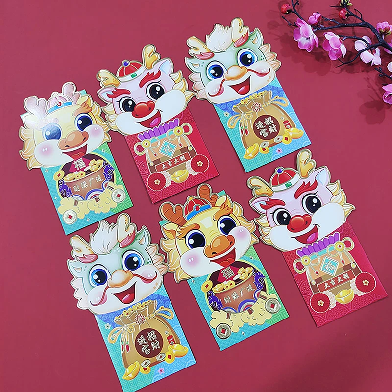 6PCS Chinese Red Envelopes 2024 Year Of The Dragon Hong Bao Spring Festival Lucky Money Red Packets For New Year Wedding