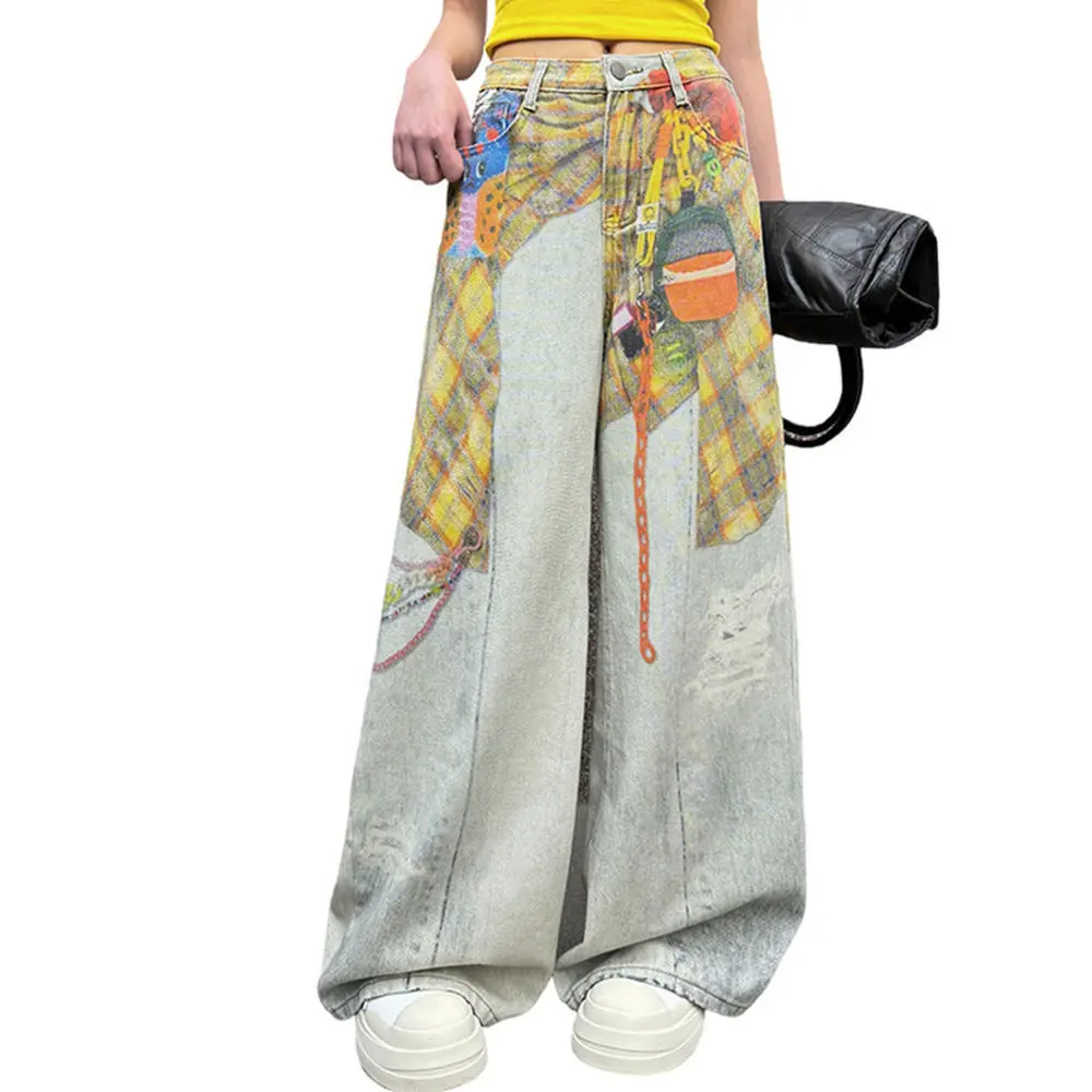 New Teenage Girls Loose Wide-Leg Jeans Trousers with Fashion Print Children Cool Streetwear Straight Denim Pants 8 10 12 14Years