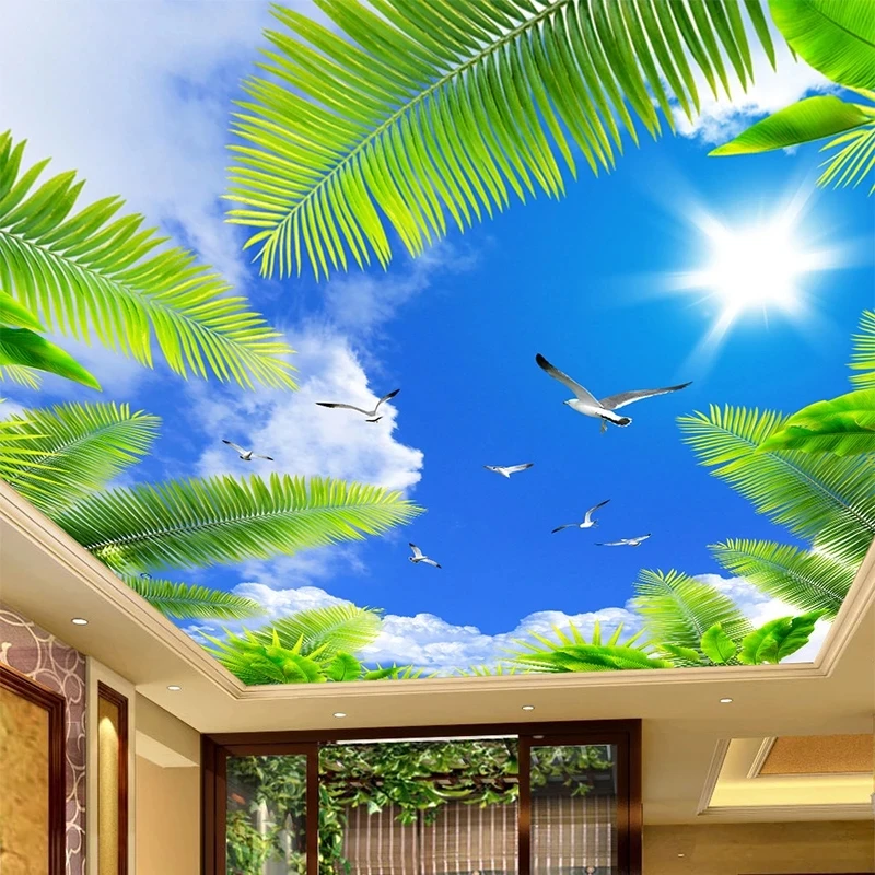 Customized 3D Mural Ceiling Photo Wallpaper Blue Sky Sunshine Palm Seabirds green leaf Living room background bedroom restaurant